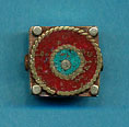 Brass square with coral and turquoise circles.JPG