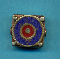Brass square with lapis and coral circles.JPG