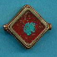 Brass square, coral with turquoise circle center.JPG