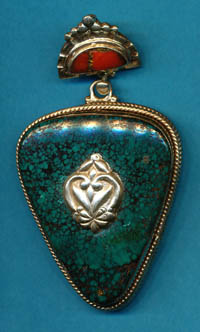 Nilofur Turquoise and Coral Pendant, Brass