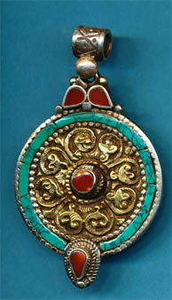 Silver Medalion with turquoise coral and brass